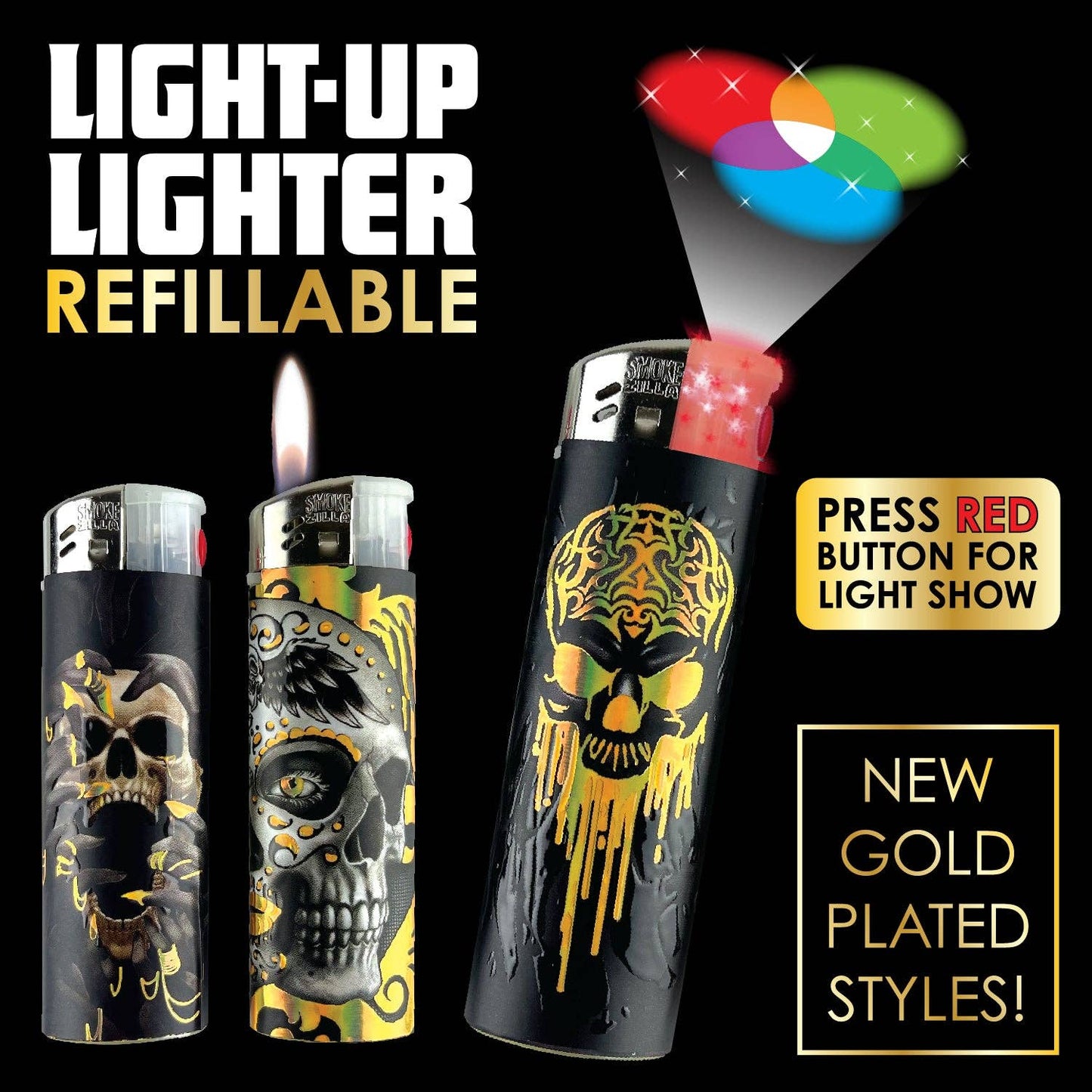 Smokezilla LightUp Gold Foil Curve Lighter Assortment- 30/Pk