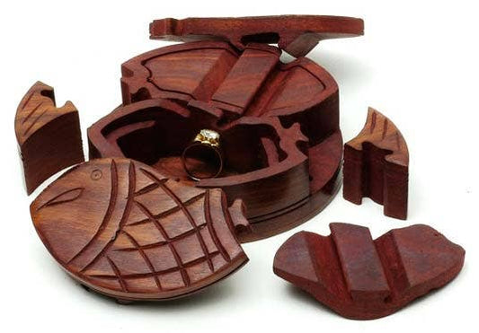 Hand-carved Wood Puzzle Box - Fish features intricate fish design and two compartments in beautiful Sheesham wood.