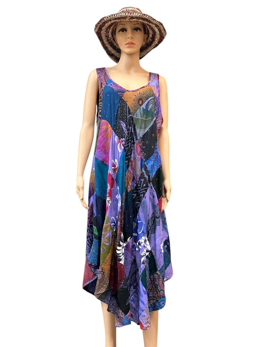 Rayon Blue Multi Patchwork Sun Dress - KTY511