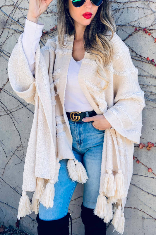Cream Textured Knit Tassel Kimono Cardigan With Western Pattern And Chunky Tassels For Women Amoli