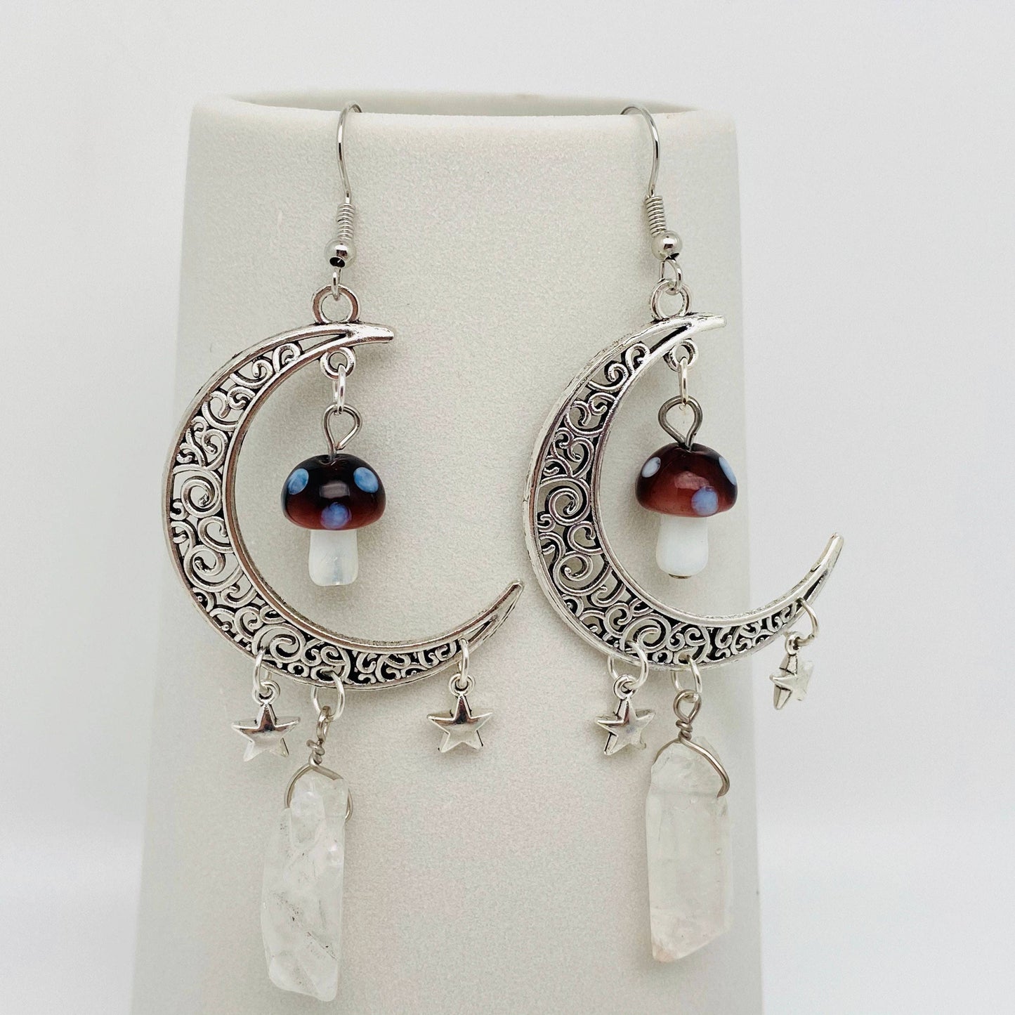 Hollow Moon Mushroom White Crystal Earings