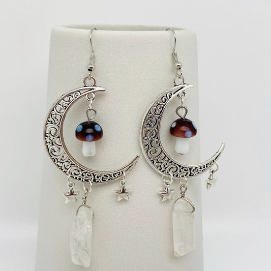 Hollow Moon Mushroom White Crystal Earings