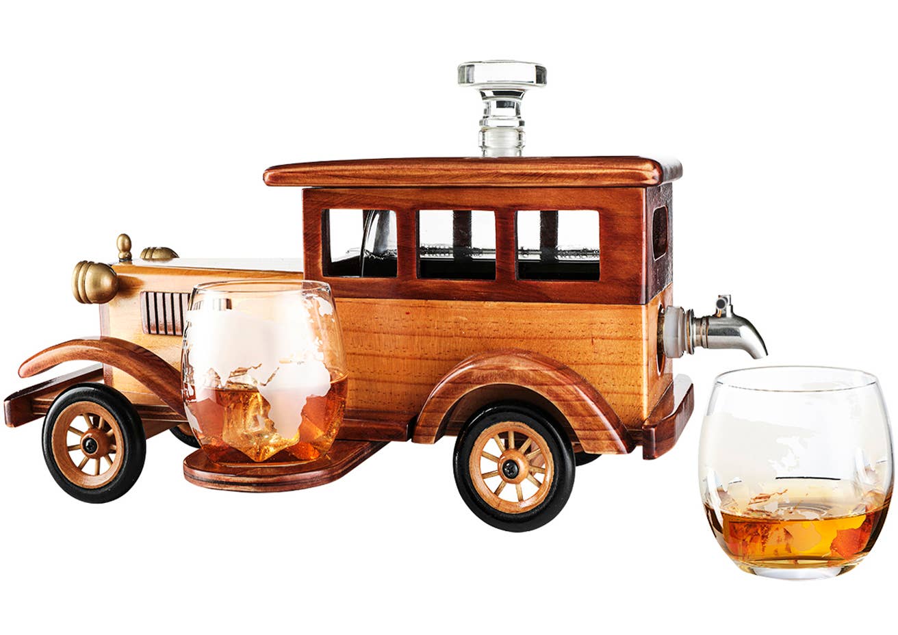 Old Fashioned Car Whiskey Decanter Set With Two Tumbler Glasses Large 750 Ml Capacity Limited Edition For Bar