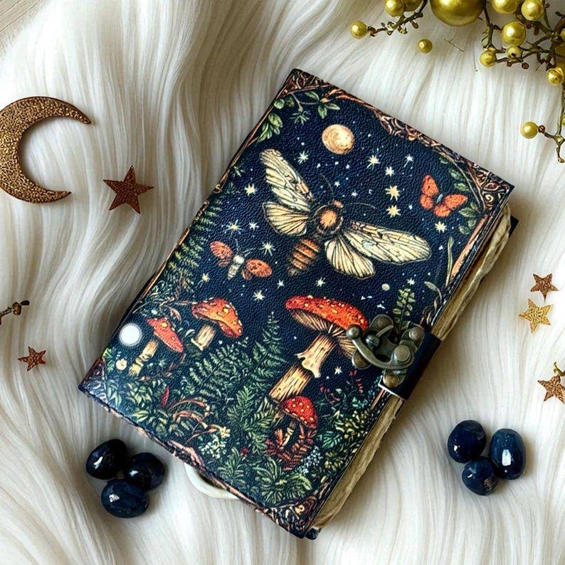 Handmade Leather Journal Blank Vintage Notebook With Mushroom Print Gift Idea