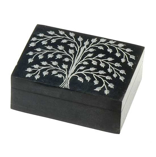 Elegant Tree of Life hinged hand carved stone box in black soapstone, perfect for keepsakes and gifts.