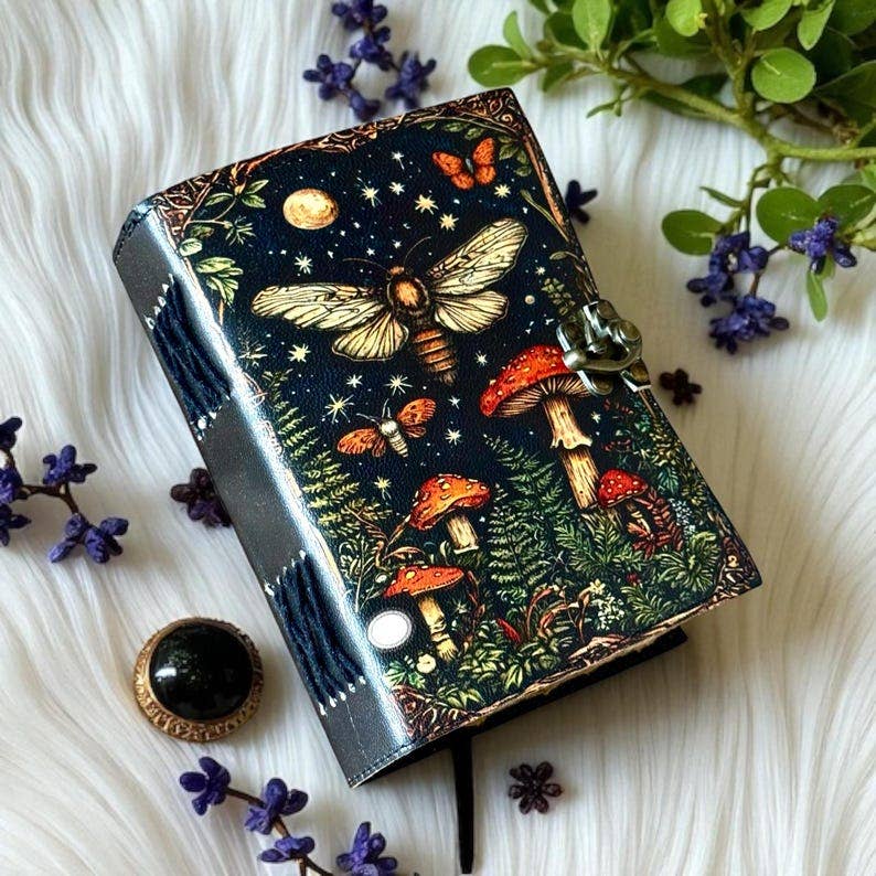 Handmade Leather Journal Blank Vintage Notebook With Mushroom Print Gift Idea