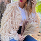Amoli Cream Shaggy Fringe Handmade Knit Sweater Cardigan Open Front Boho Chic Cozy Layering For Fall And Winter