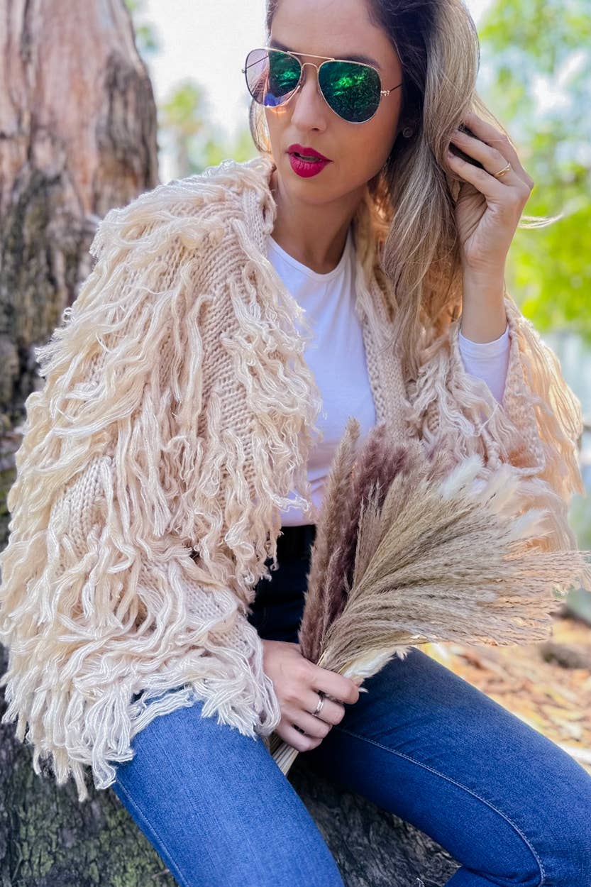 Amoli Cream Shaggy Fringe Handmade Knit Sweater Cardigan Open Front Boho Chic Cozy Layering For Fall And Winter