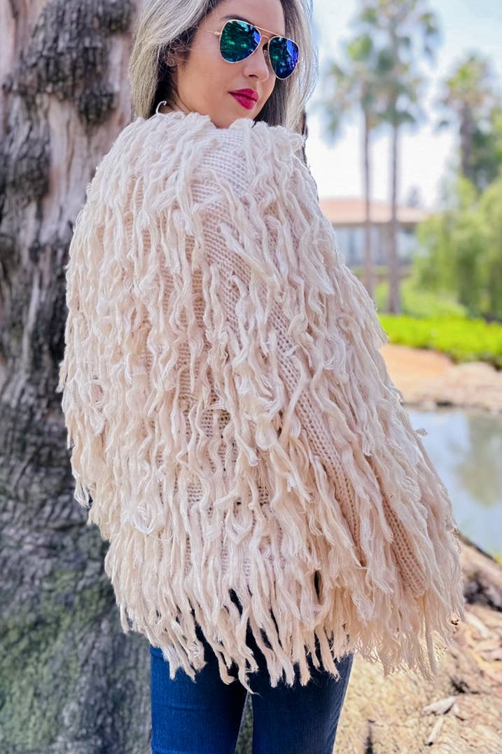 Amoli Cream Shaggy Fringe Handmade Knit Sweater Cardigan Open Front Boho Chic Cozy Layering For Fall And Winter