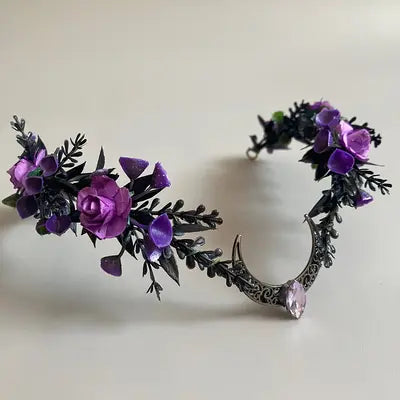 Handcrafted Black Gothic Floral Crown Moon Tiara Headpiece