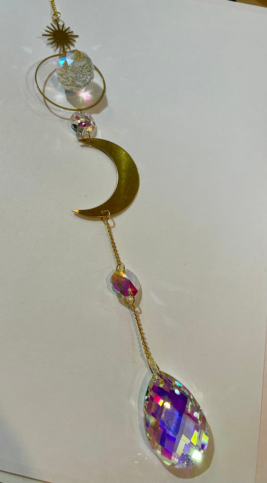 Whimsical Crystal Ball Moon Tear Drop Suncatcher Charm