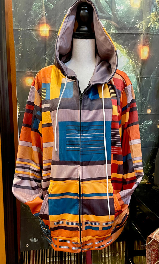 Geo Print Zip Up Hoodie Unisex Geometric Print Cozy Fabric For Everyday Wear And Layering