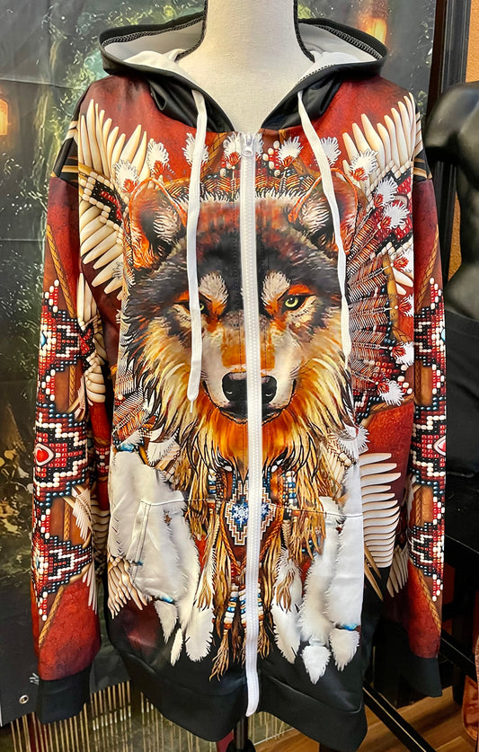Wolf Zip Up Hoodie With Bold Wolf Graphic Cozy Fleece Jacket For Adventure Lovers