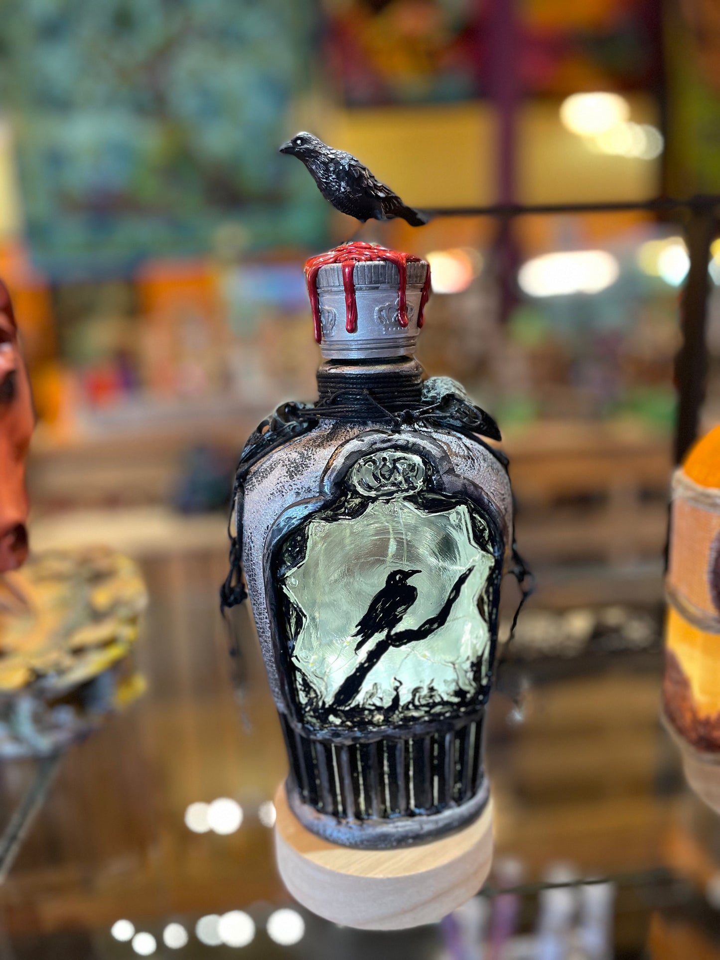 Raven Misty Moon Bottle With LED Lights Handcrafted Glass Art Piece