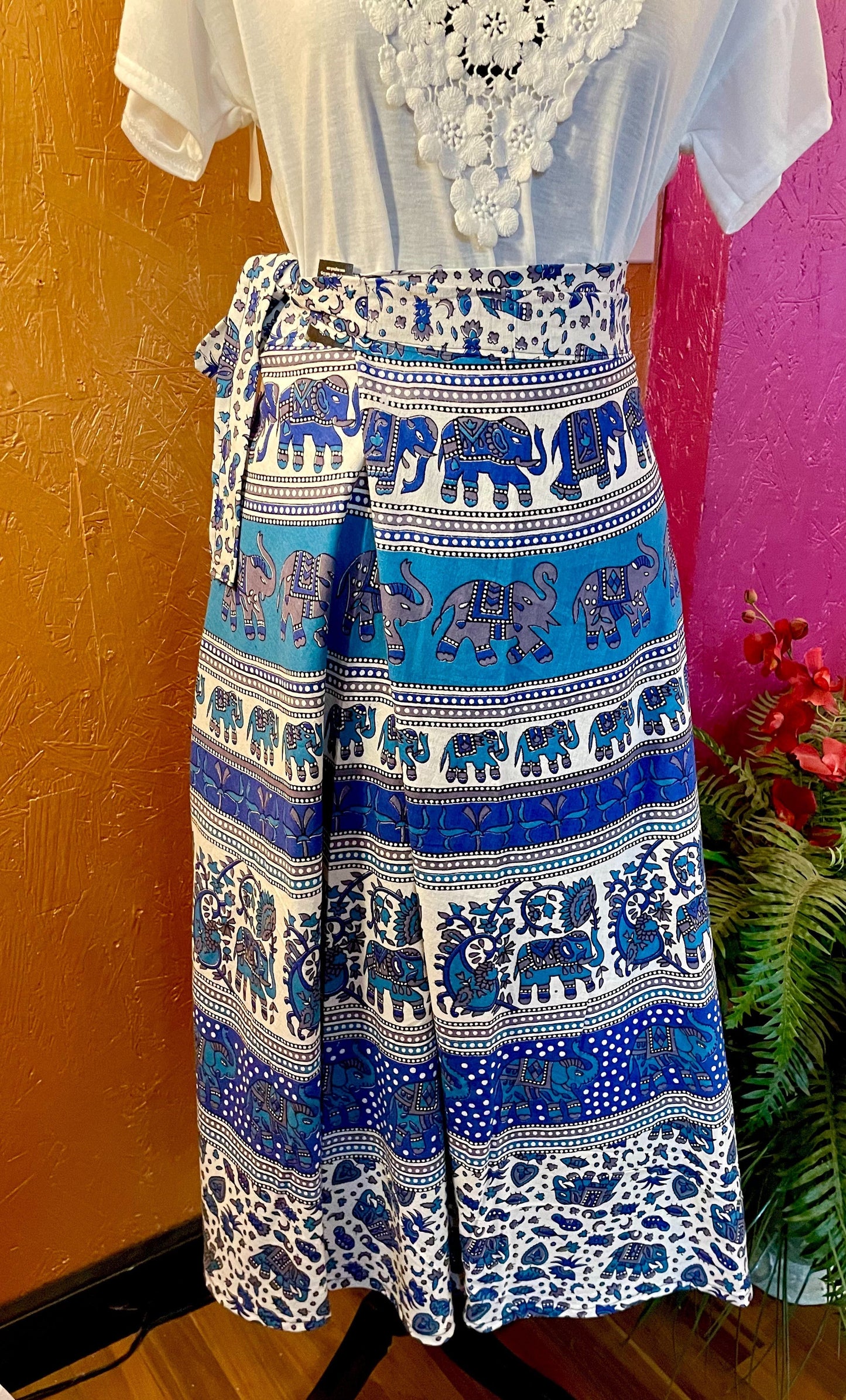 Boho White & Blue Elephant Print Wrap Skirt