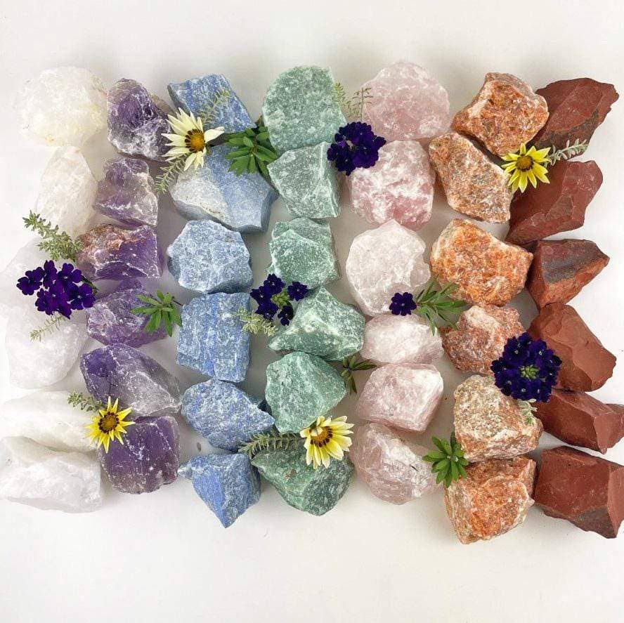 Chakra Rough Stone Crystal Set of 7 - Boxed Collection features vibrant healing stones for energy balance and wellness.
