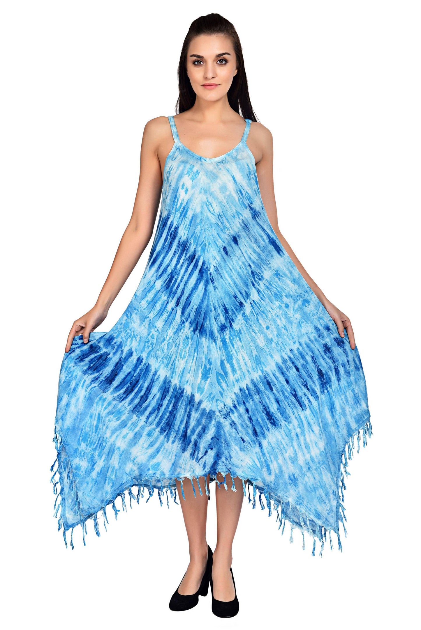 V Neck Fairytale Tie Dye Dress with Embroidered Neck and Fringes