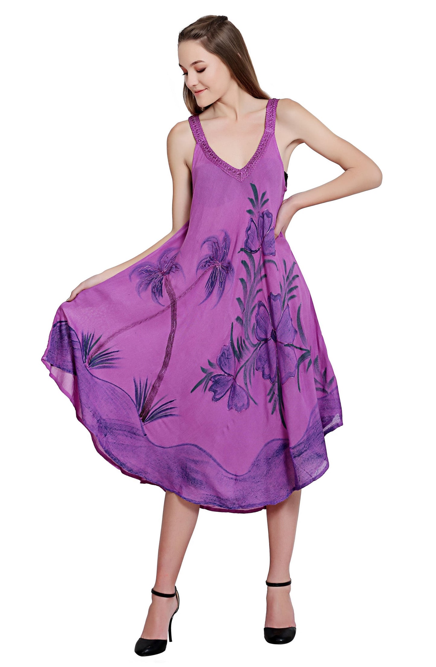 Tropical Palm Tree V Neck Tie Dye Umbrella Dress 19319