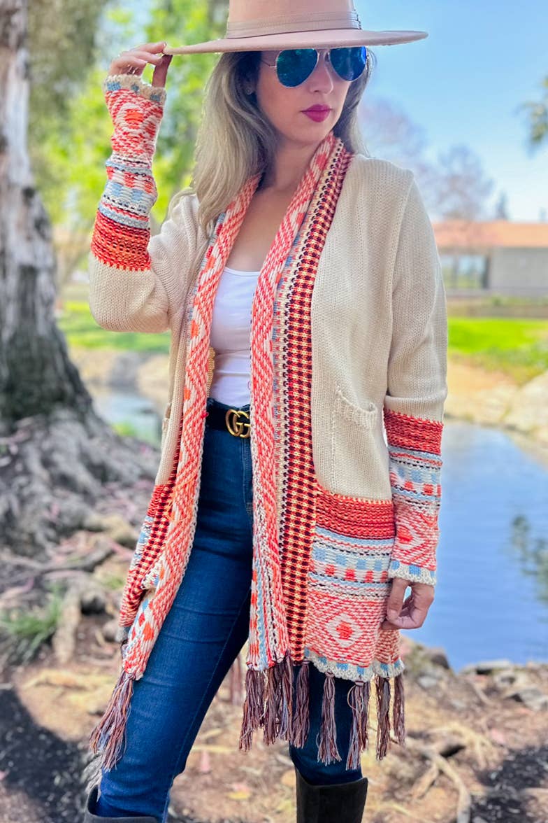 Beige Aztec Printed Open Front Knit Cardigan With Pockets Lightweight Acrylic Boho Style