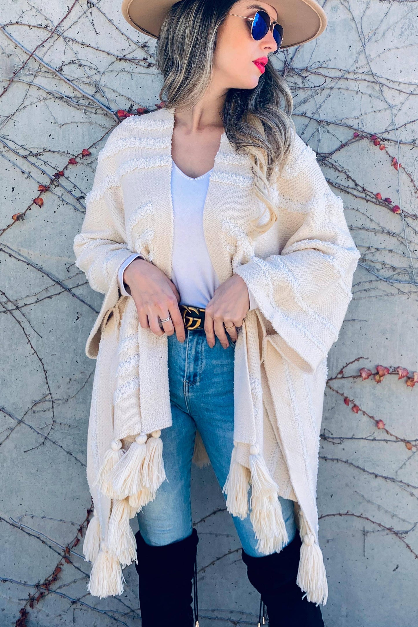 Cream Textured Knit Tassel Kimono Cardigan With Western Pattern And Chunky Tassels For Women Amoli