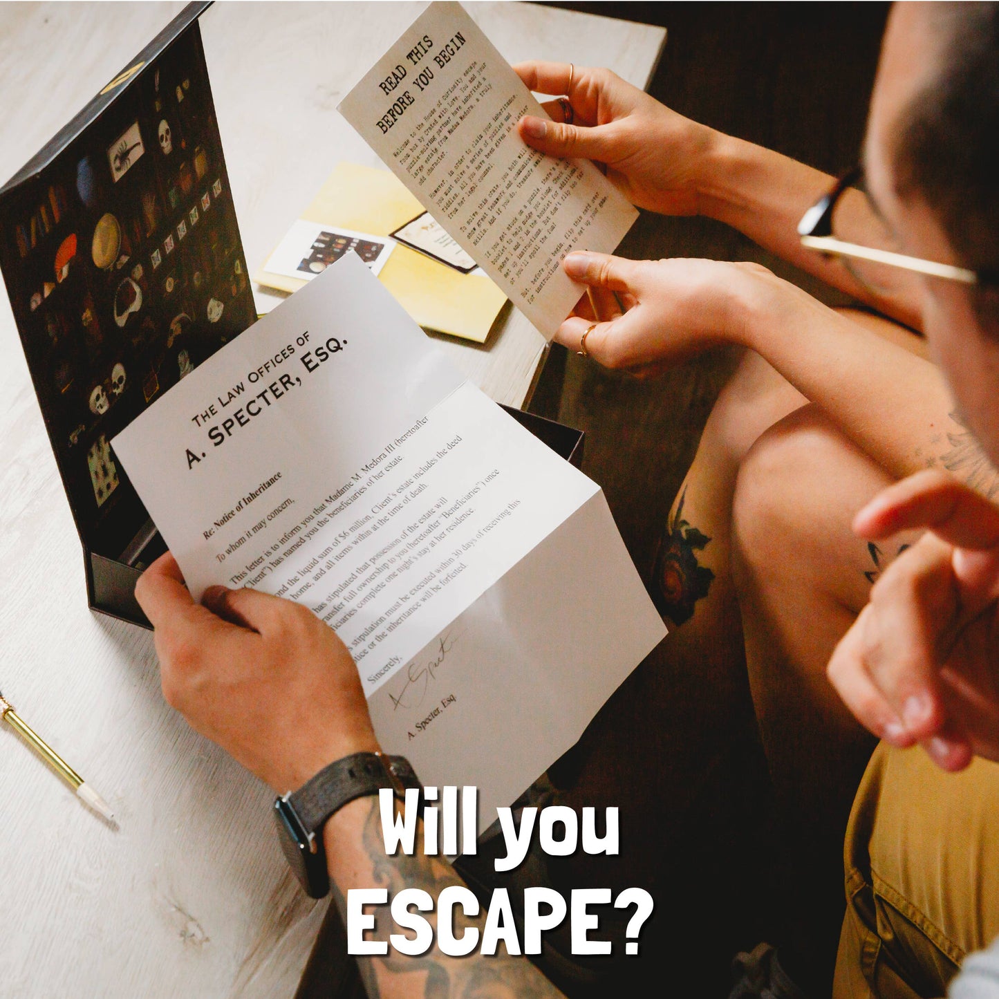 Experience the thrill of the Madame Medora's House of Curiosities Escape-Room Board Game with friends and family!