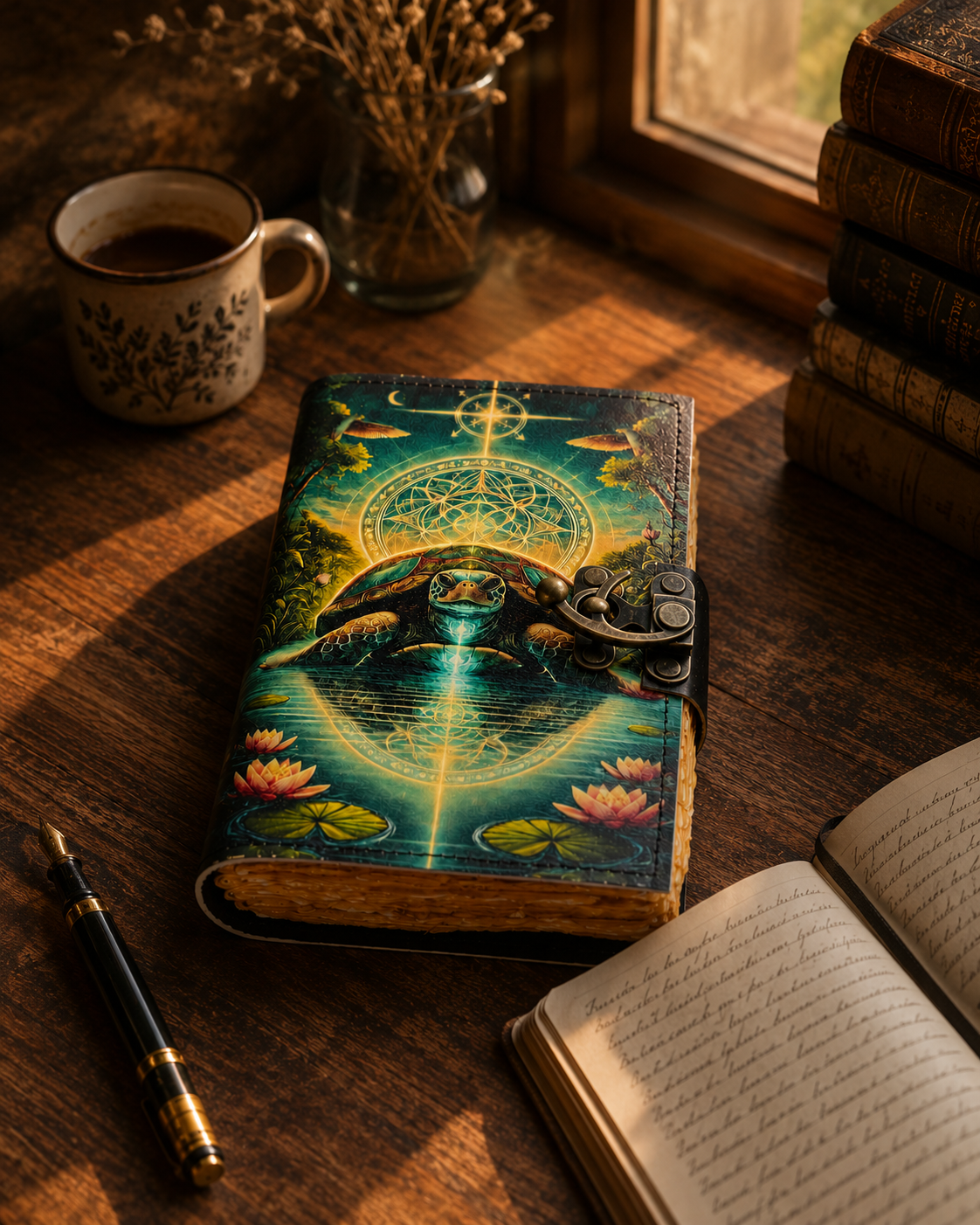 Mystic Turtle Leather Journal Handmade With Brass Lock And Deckle Edge Pages