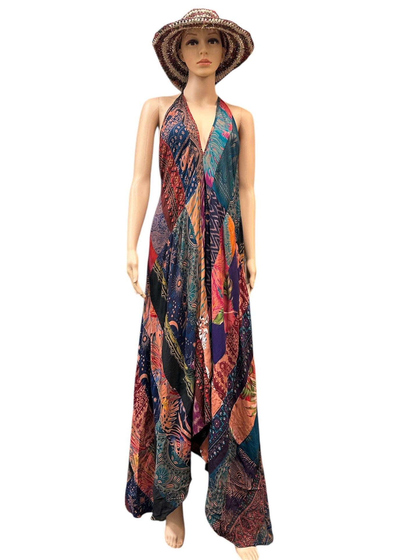 Rayon Blue Multi Patchwork Boho Sun Dress - KTY504