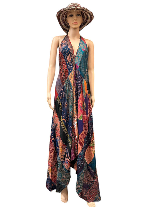 Rayon Blue Multi Patchwork Boho Sun Dress - KTY504