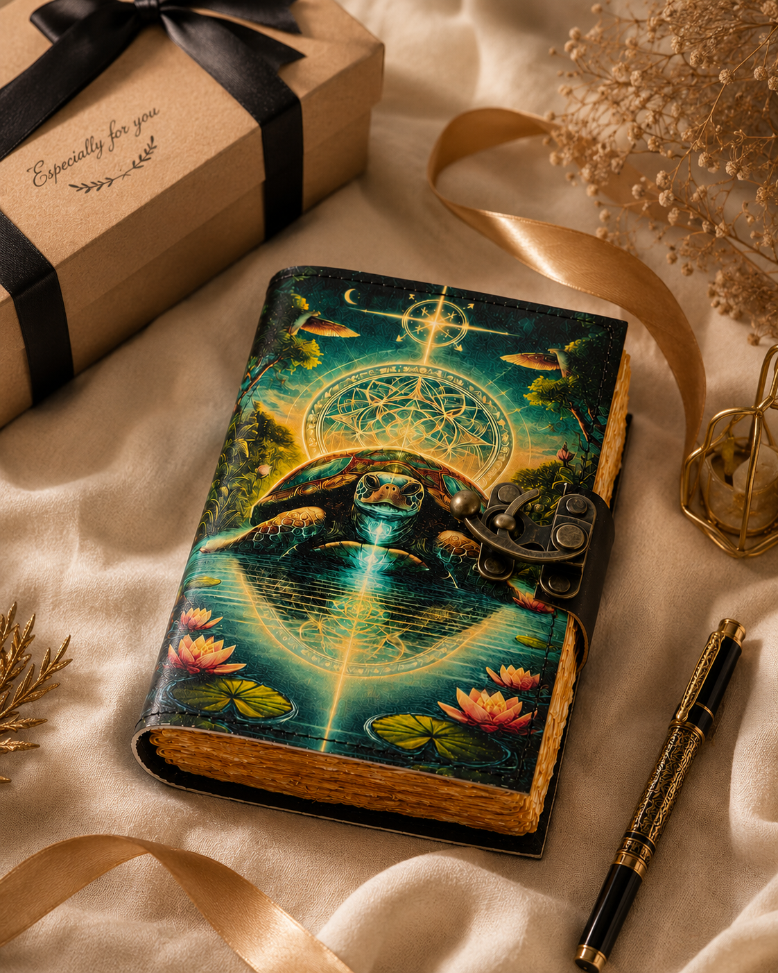 Mystic Turtle Leather Journal Handmade With Brass Lock And Deckle Edge Pages