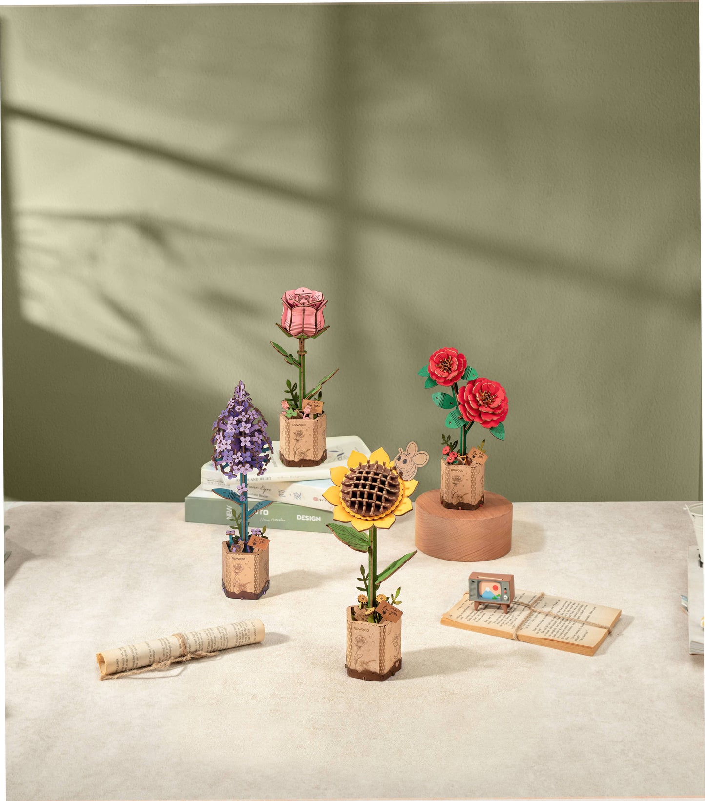 Red Camellia Ro wood DIY Wooden Flower 3D Puzzle