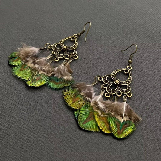 Vintage Peacock Feather Dangle Earrings