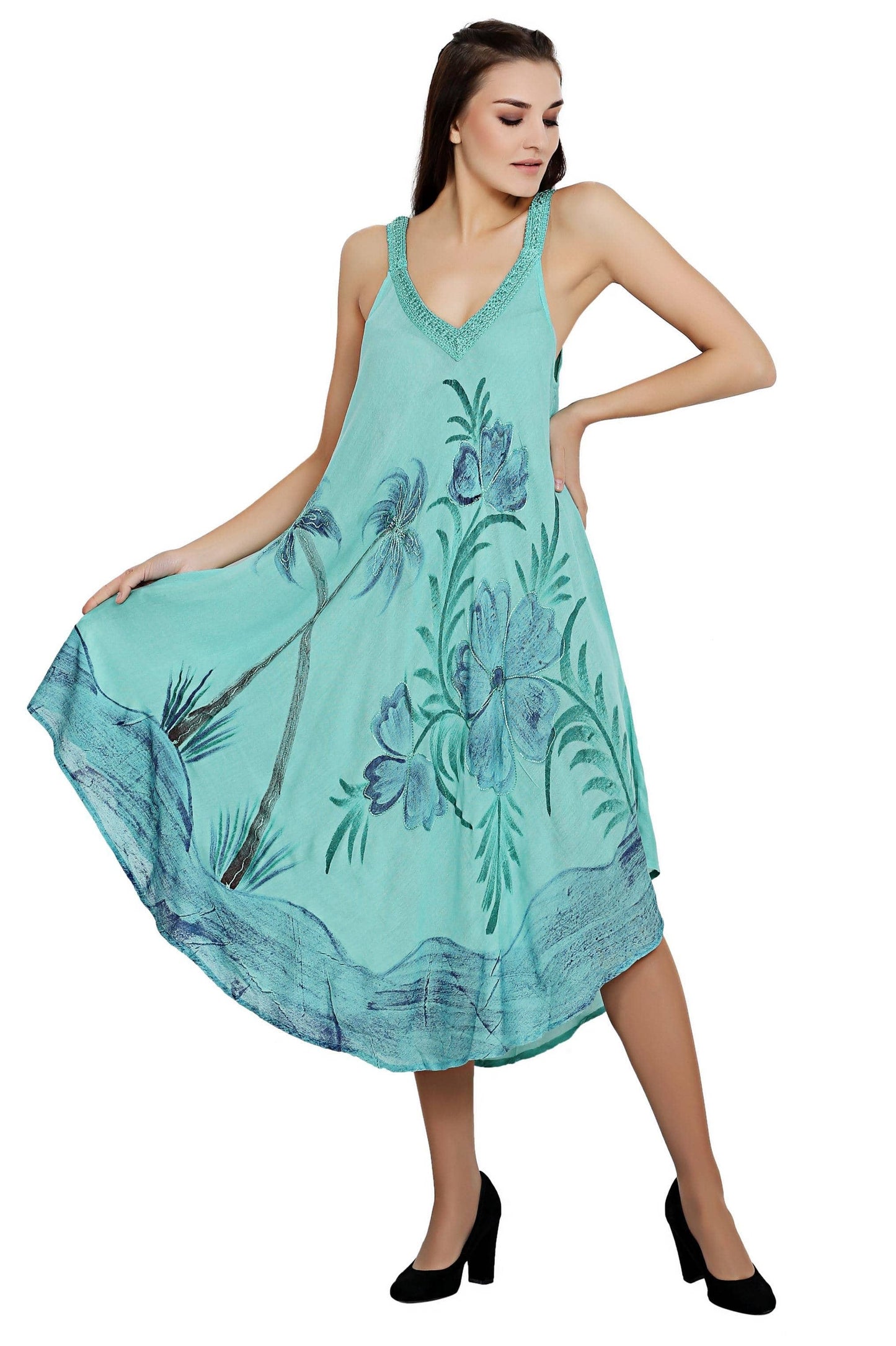Tropical Palm Tree V Neck Tie Dye Umbrella Dress 19319