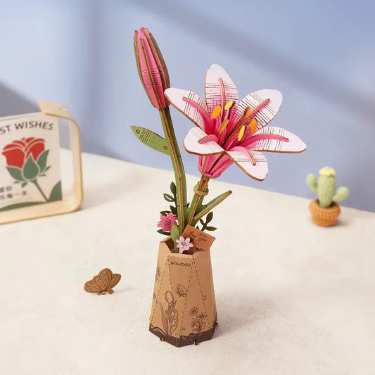Pink Lily Rosewood DIY Wooden Flower Bouquet 3D
