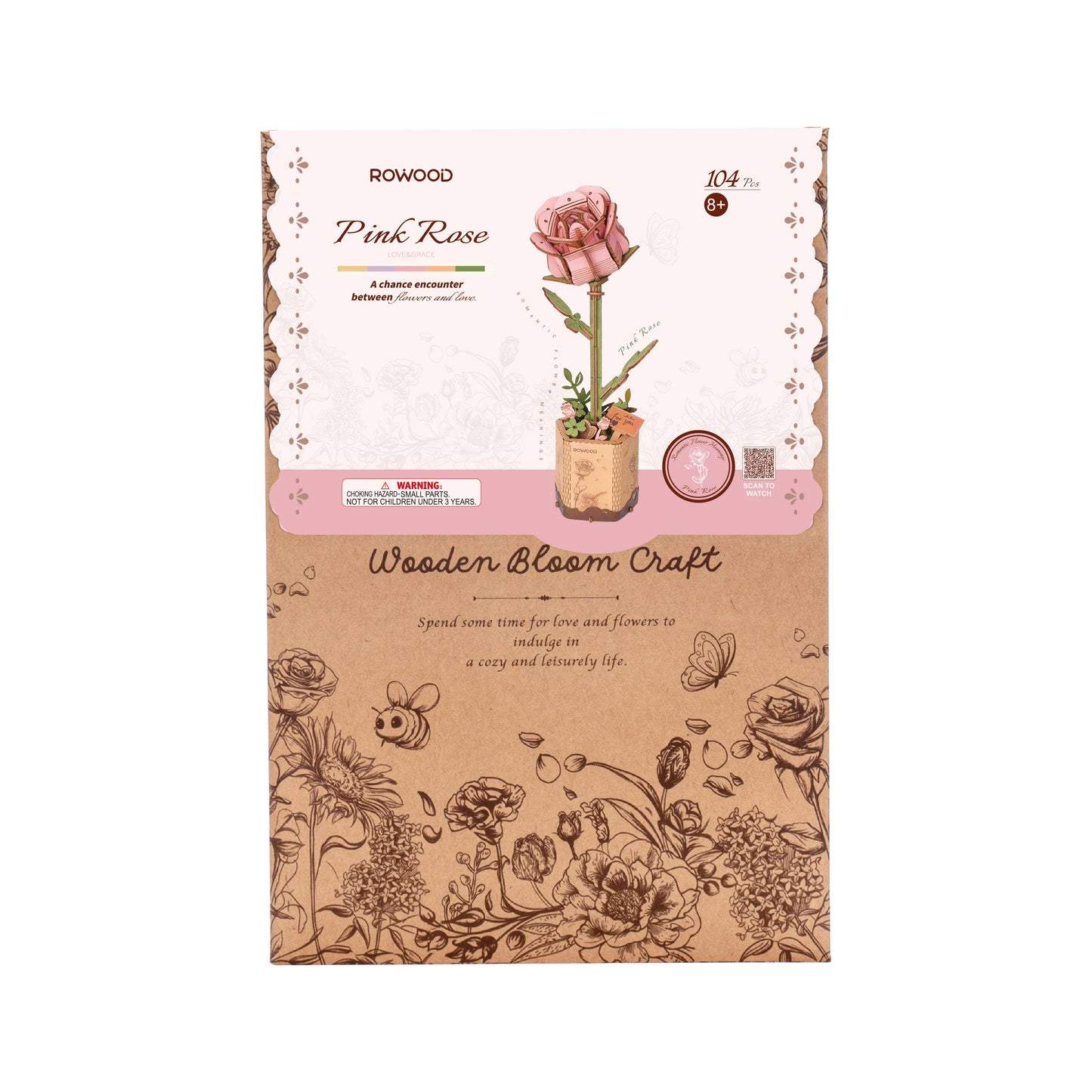 Pink Rose Rowood DIY Wooden Flower 3D Puzzles