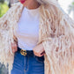 Amoli Cream Shaggy Fringe Handmade Knit Sweater Cardigan Open Front Boho Chic Cozy Layering For Fall And Winter