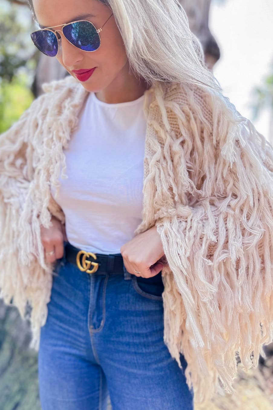 Amoli Cream Shaggy Fringe Handmade Knit Sweater Cardigan Open Front Boho Chic Cozy Layering For Fall And Winter
