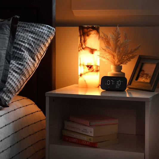 Elegant Handcrafted Onyx Table Lamp - Cylinder radiates a warm amber glow, enhancing your decor with natural beauty.
