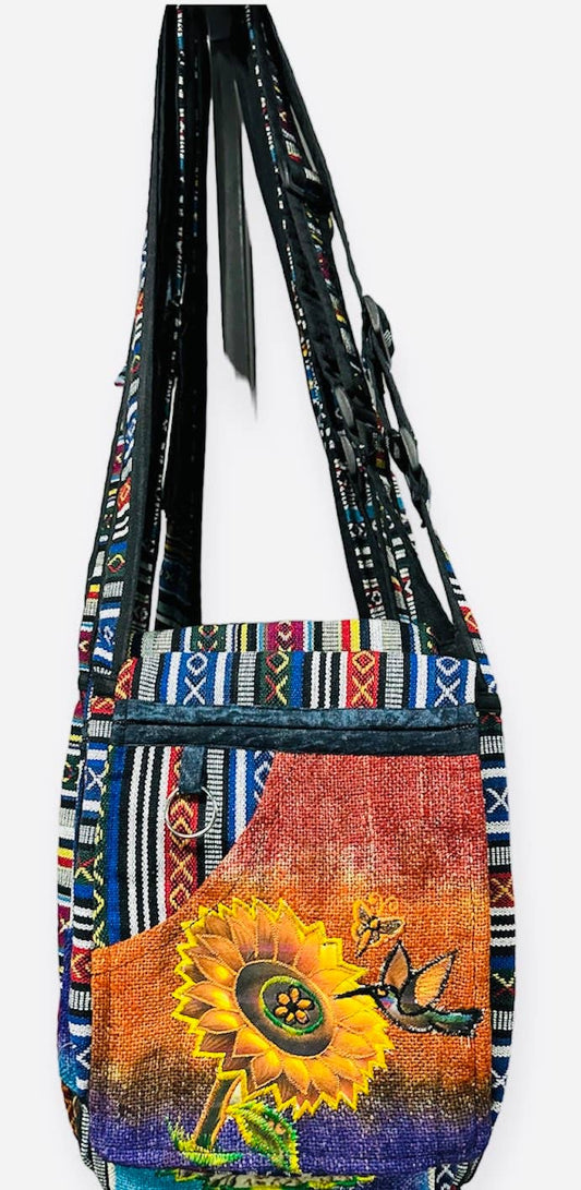 Cotton Hemp Hummingbird Sun Flowers Mini Bag RIB3003
