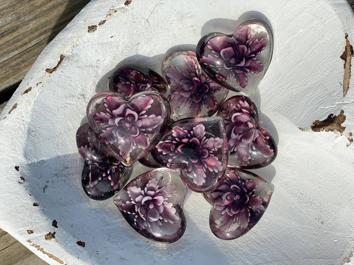 Floral Glass Pocket Hearts w/Heart Bowl Display- Large (100)