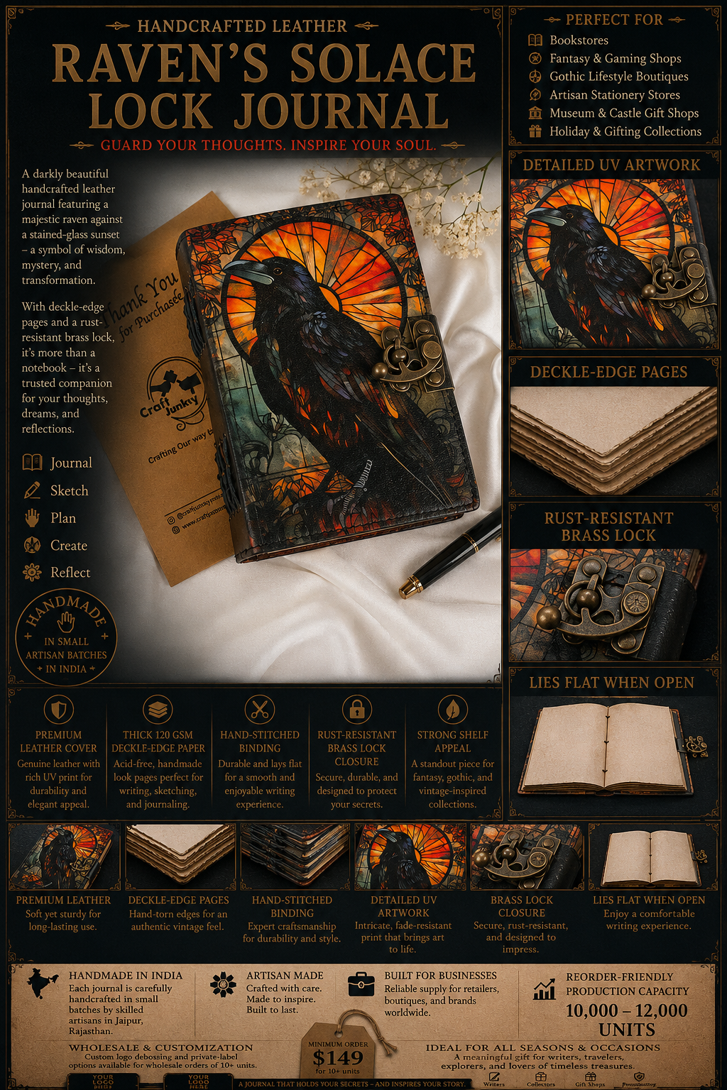 Leather Journal Blank Vintage Notebook With Crow UV Print Travel Gift Writers