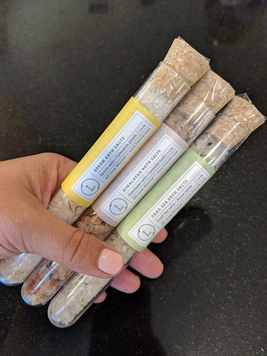 NEW BATH SALTS IN A 8'' GLASS TUBE-bath soak, bath salts -432