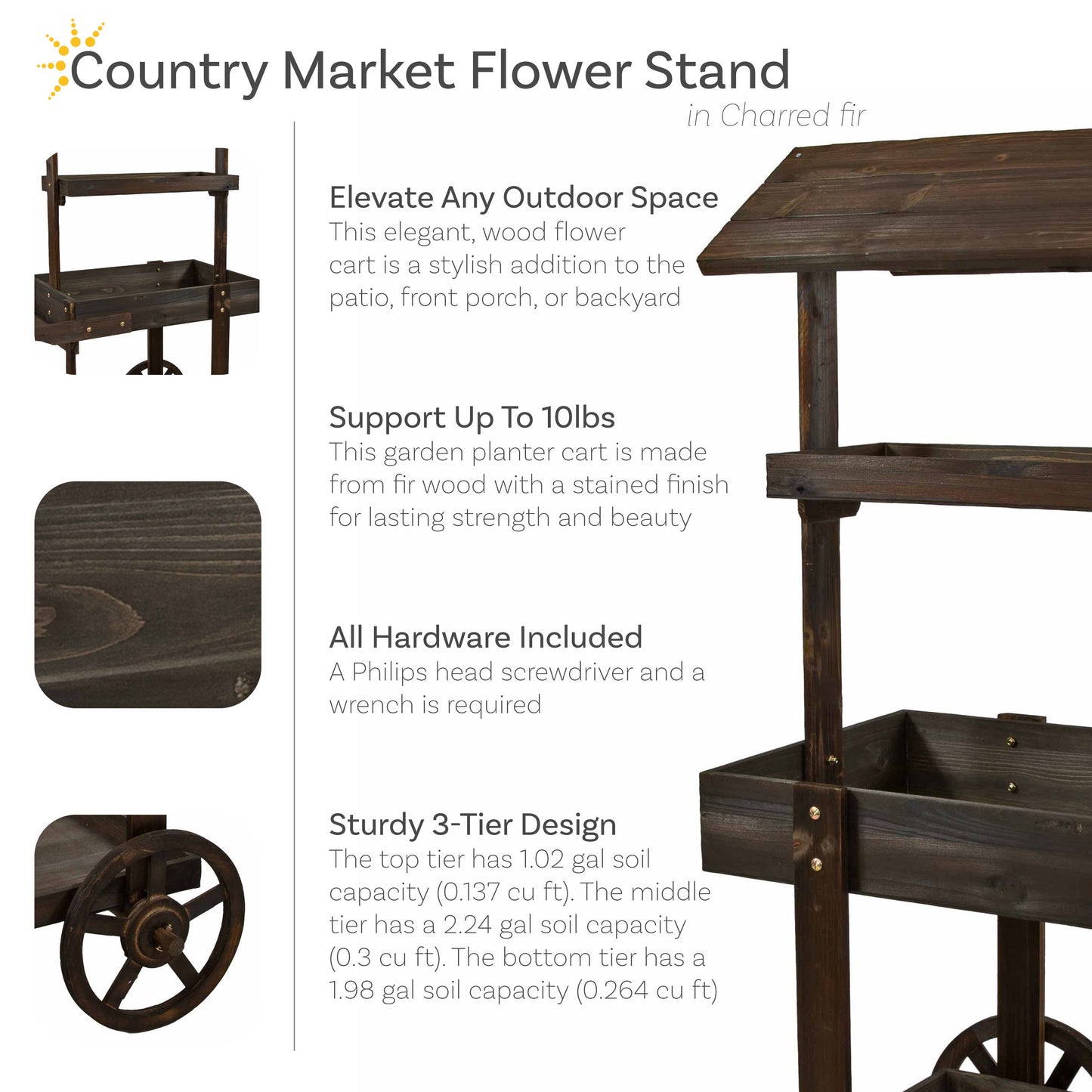 Country Market Flower Stand Raised Garden Bed - Charred Fir