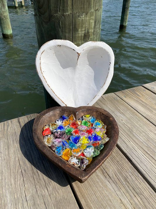 Floral Glass Pocket Hearts w/Heart Bowl Display- Large (100)
