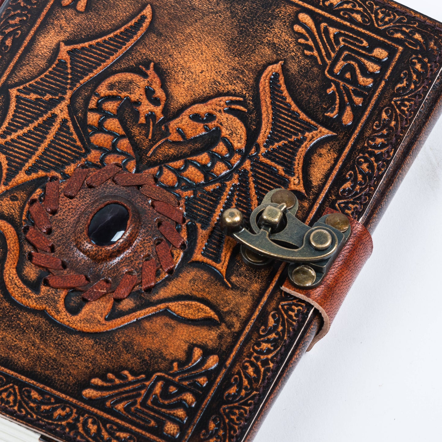 Leather Notebook With Stone Dragon Embossed Travel Journal