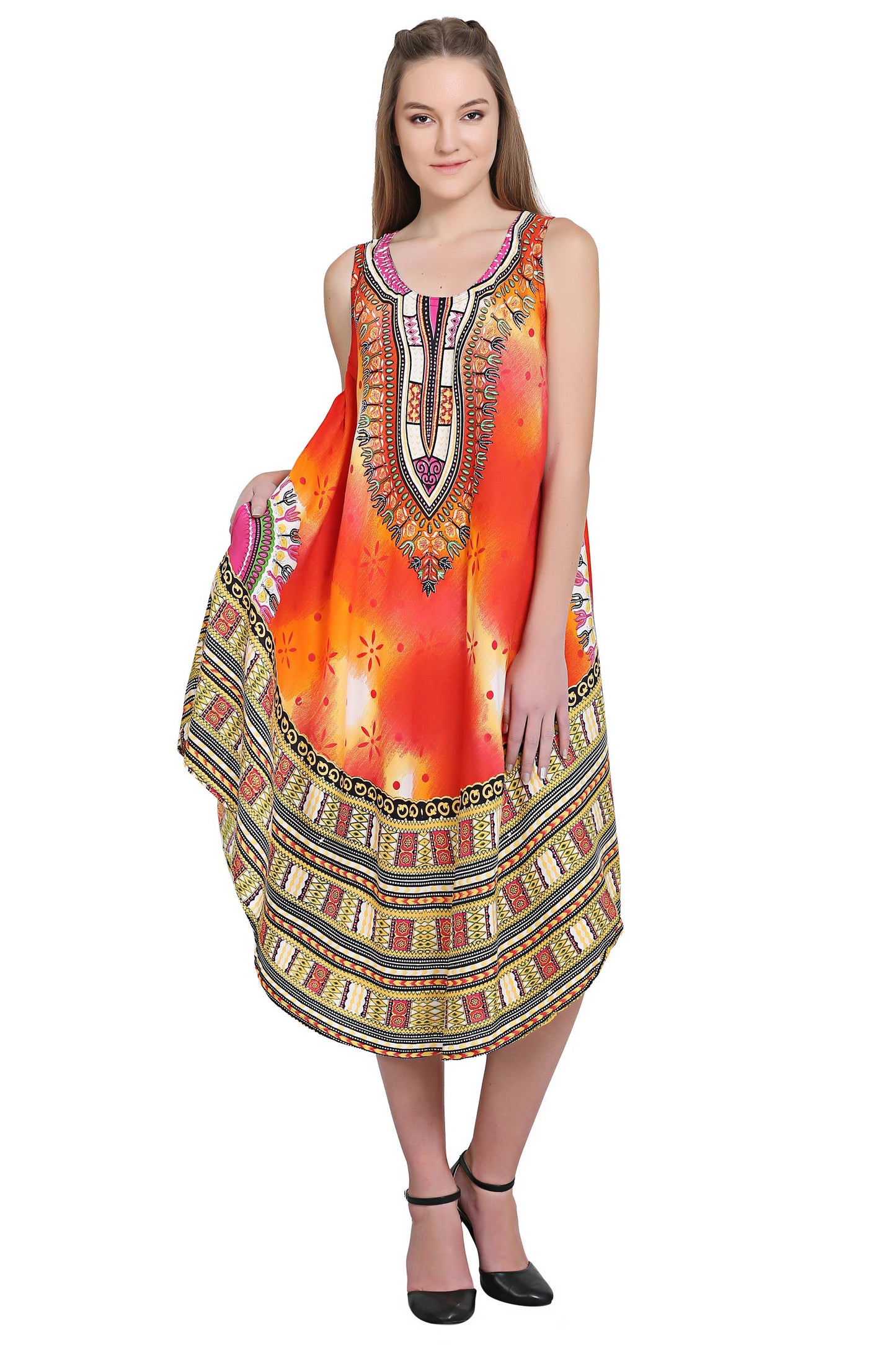 Digital Dashiki Print Sleeveless Umbrella Dress