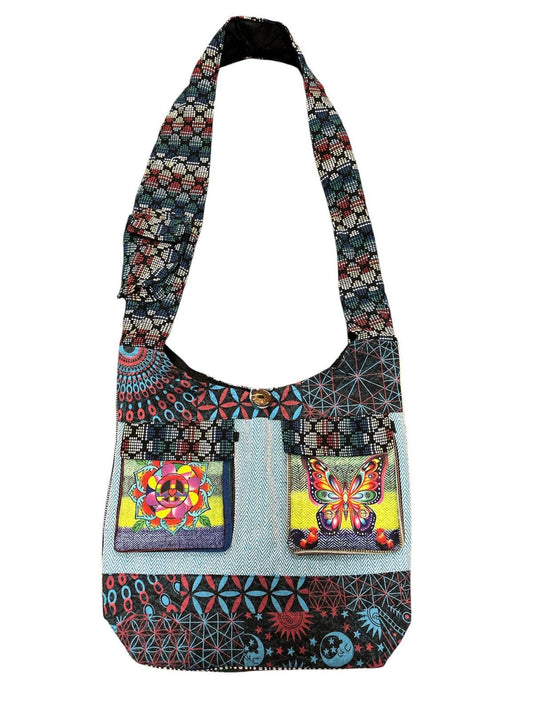 Cotton Two Pocket Peace And Butterfly Bag RIB25822 Multi Color Everyday Tote For Women And Girls