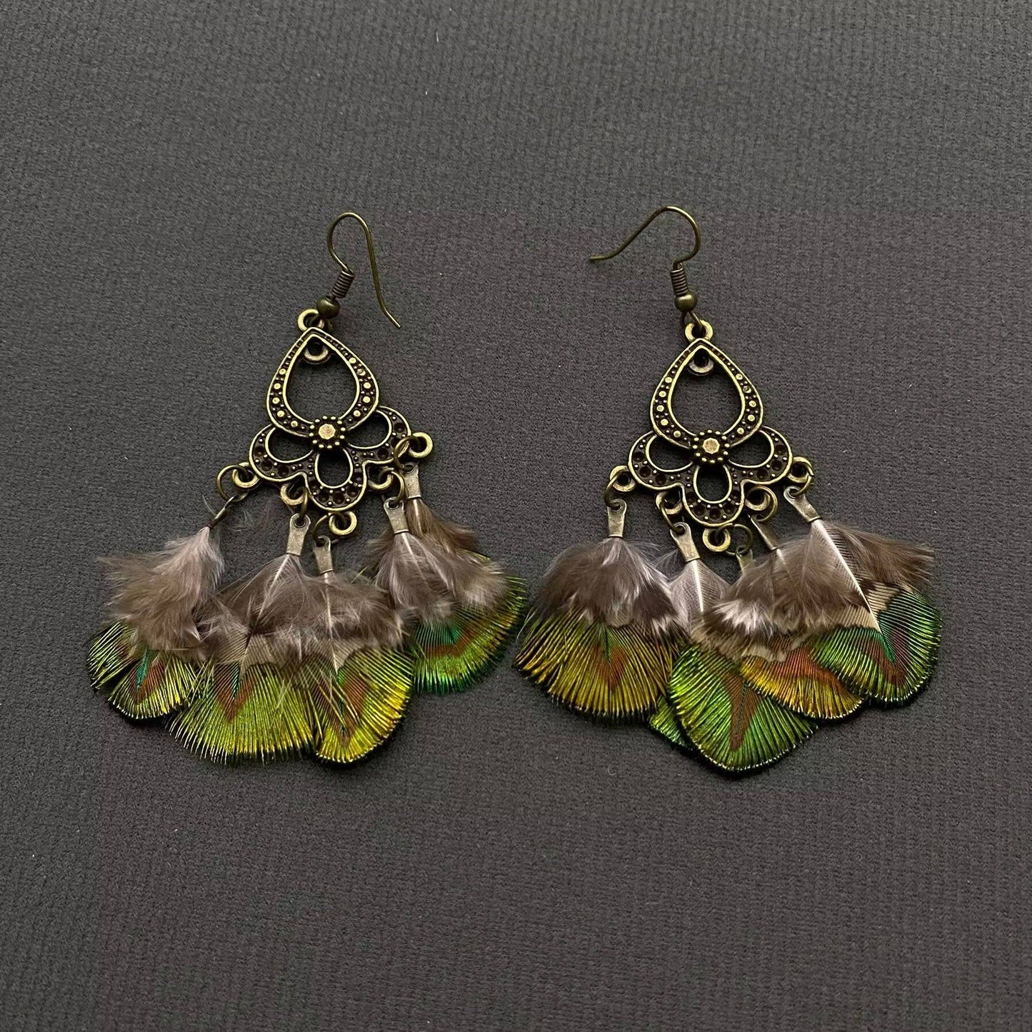 Vintage Peacock Feather Dangle Earrings