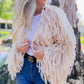 Amoli Cream Shaggy Fringe Handmade Knit Sweater Cardigan Open Front Boho Chic Cozy Layering For Fall And Winter