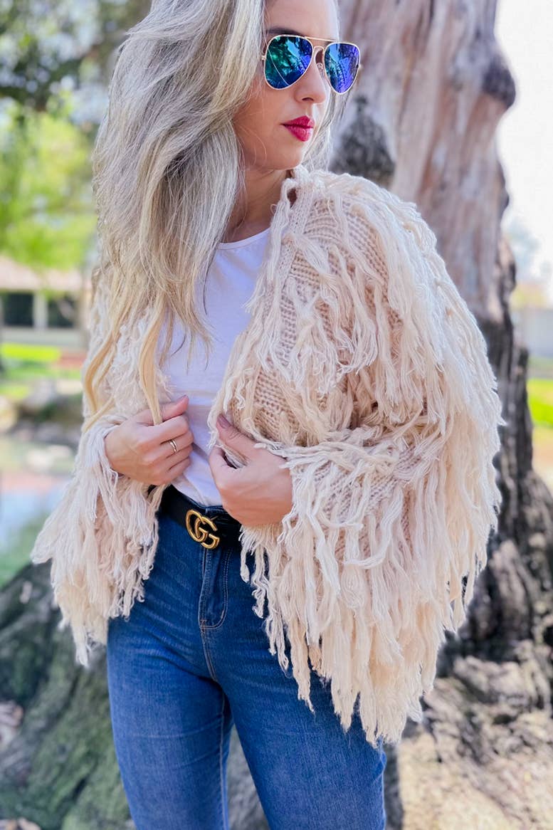 Amoli Cream Shaggy Fringe Handmade Knit Sweater Cardigan Open Front Boho Chic Cozy Layering For Fall And Winter