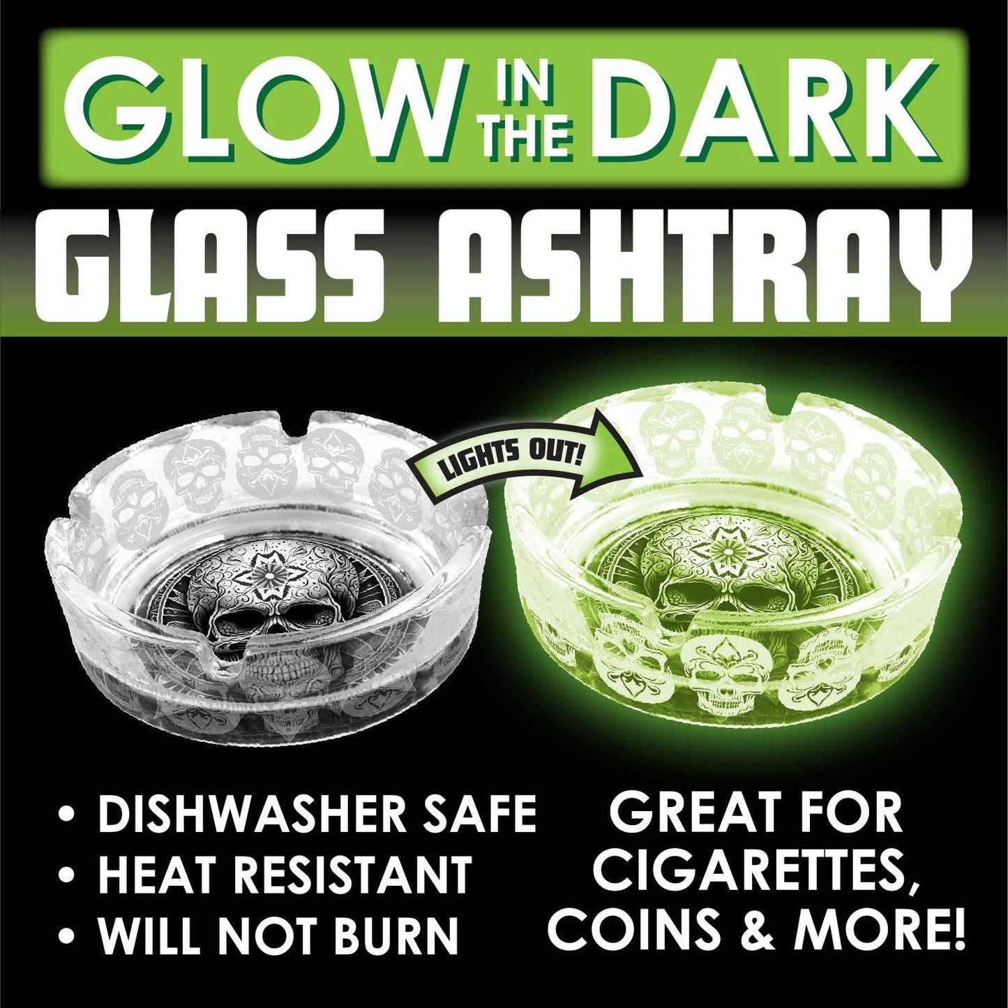 Smokezilla Glow In The Dark Glass Ashtray Assortment- 6/Pack